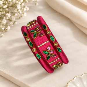Pink Thread Bangles with Green & Pink Stone Floral Detailing