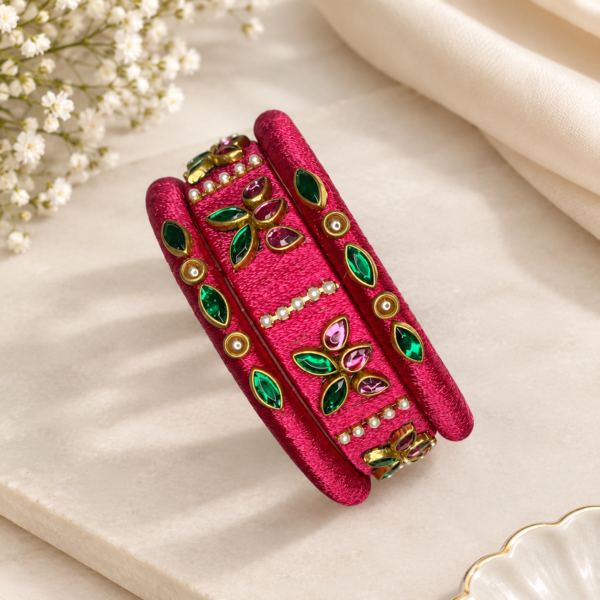 Pink Thread Bangles with Green & Pink Stone Floral Detailing