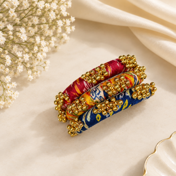 Multicolor Fabric Thread Bangles with Gold Bead Detailing
