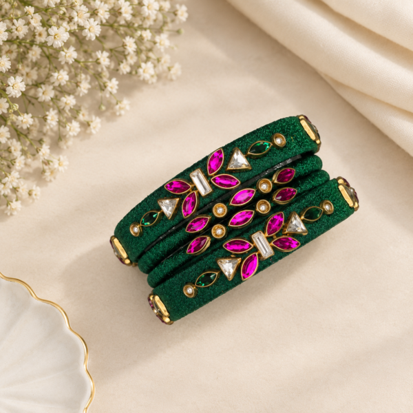 Emerald Green Thread Bangle Set – Magenta Stone & Gold Embellished