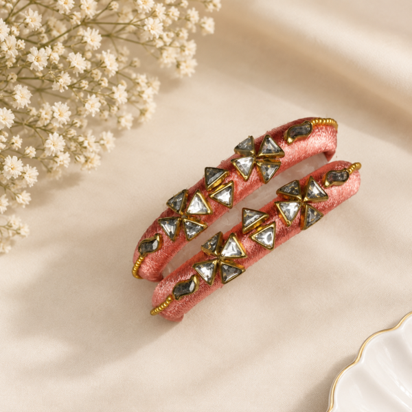 Peach Thread Bangle Set – Gold Triangle Stone Embellished