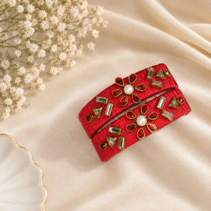 Red Pearl Flower Thread Bangle Set – Gold & Stone Embellished
