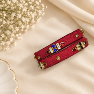 Maroon Thread Bangle Set – Gold, Red & Blue Stone Embellished