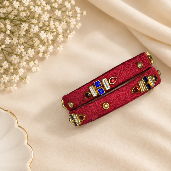 Maroon Thread Bangle Set – Gold, Red & Blue Stone Embellished