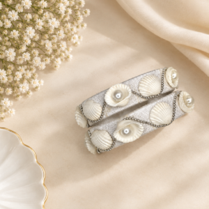 White Shell Bangle Set – Silver Thread & Pearl-Style Embellished