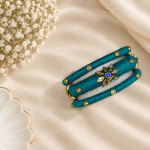 Teal Blue Thread Bangle Set – Silver & Gold Floral Embellished