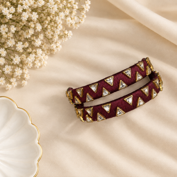 Maroon Thread Bangle Set – Gold Triangle Crystal Embellished