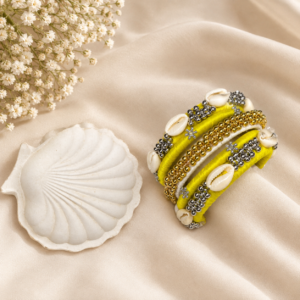 Lime Yellow Shell Bangle Set – Gold & Silver Beaded
