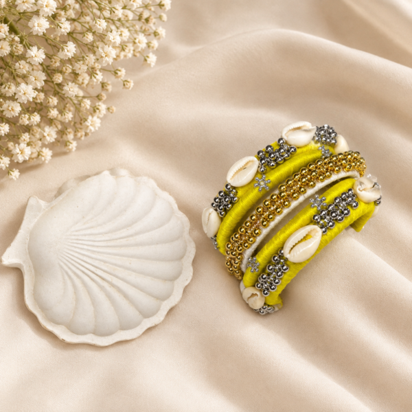 Lime Yellow Shell Bangle Set – Gold & Silver Beaded