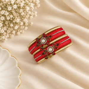 Red Thread Bangle Set – Gold & Ruby Stone Embellished
