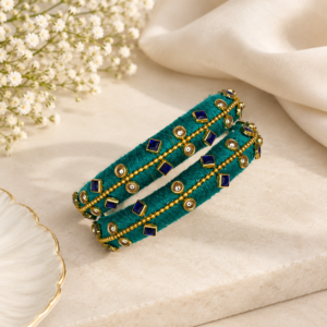 Teal Blue Thread Bangle Set – Gold & Navy Stone Embellished
