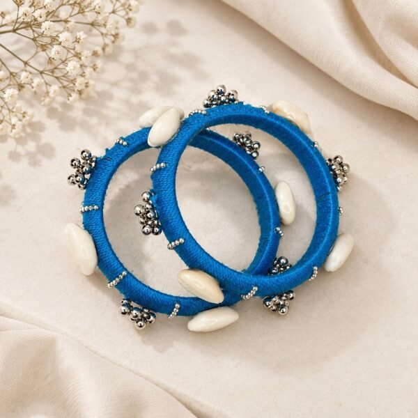 Blue Thread-Wrapped Shell & Silver Beaded Bangle Set